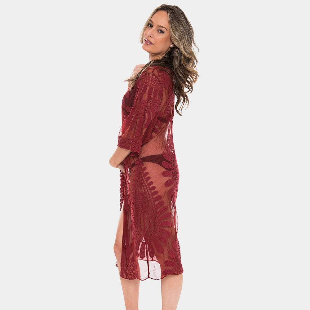 Embroidered Beach Bathing Suit Cover Up Long Kimono Cardigan (Burgundy)
