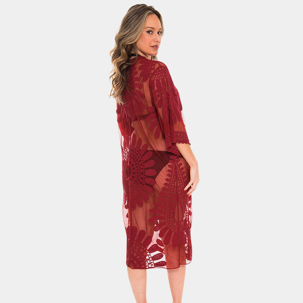Embroidered Beach Bathing Suit Cover Up Long Kimono Cardigan (Burgundy)