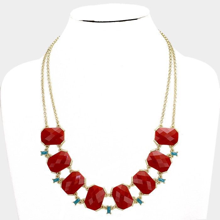 Red Faceted Stone Link Necklace