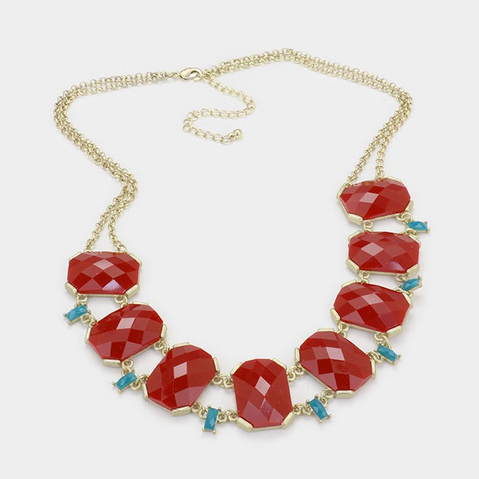 Red Faceted Stone Link Necklace
