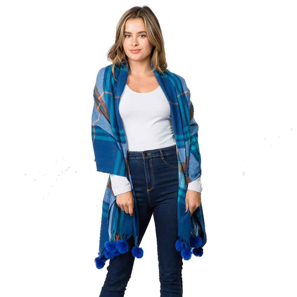 Pom Pom Tassel Tartan Plaid Scarf (Blue)