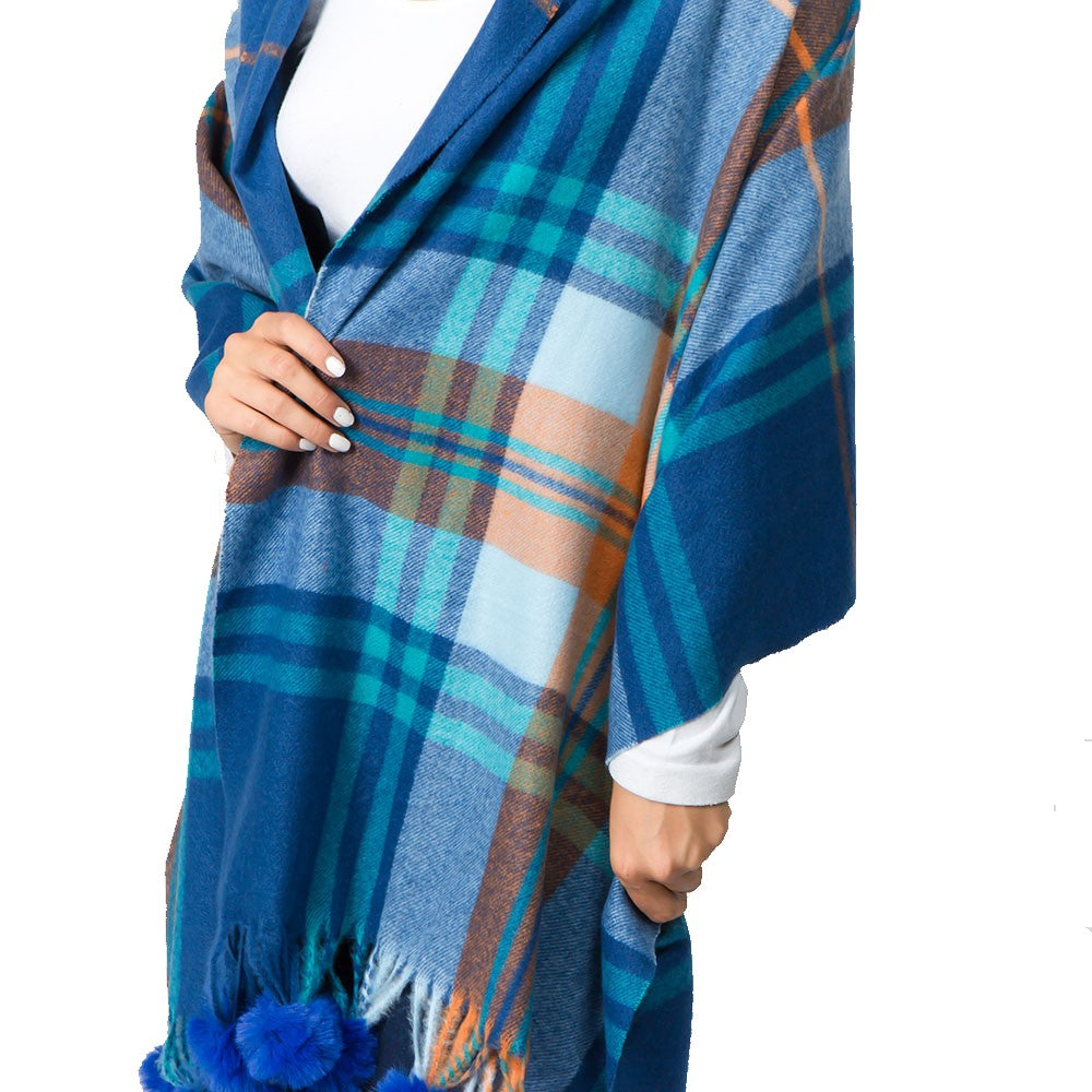 Pom Pom Tassel Tartan Plaid Scarf (Blue)