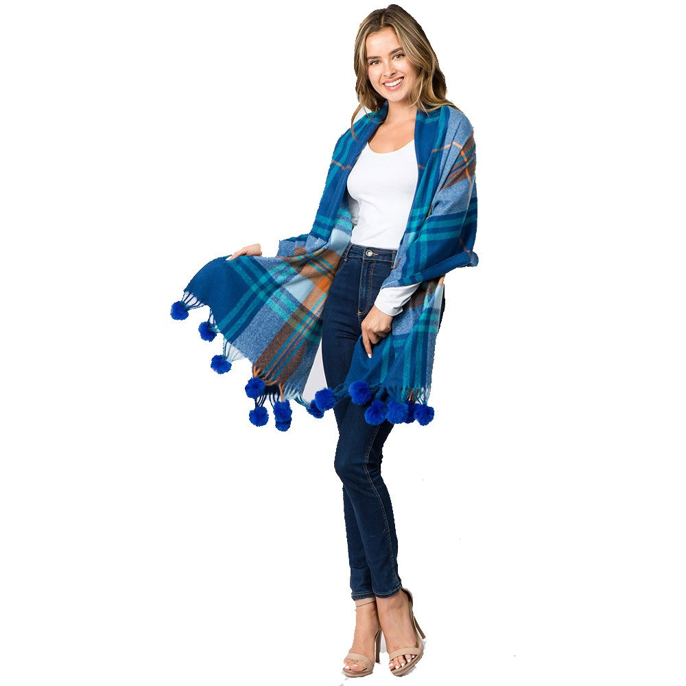 Pom Pom Tassel Tartan Plaid Scarf (Blue)