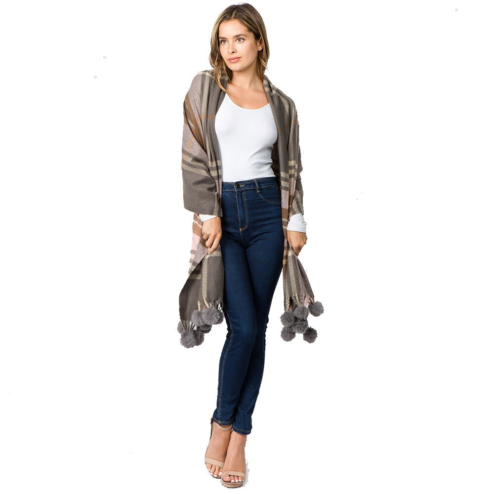 Pom Pom Tassel Tartan Plaid Scarf (Gray)