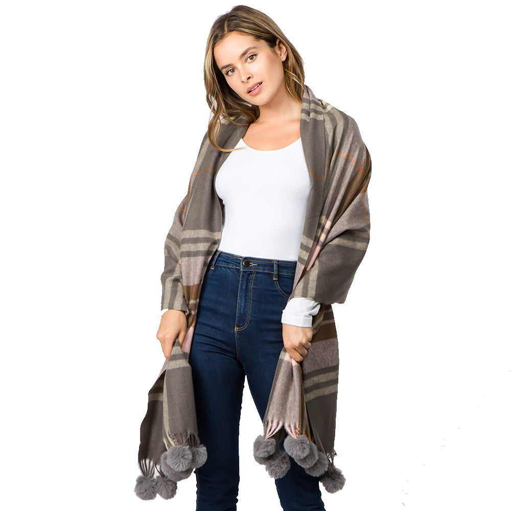 Pom Pom Tassel Tartan Plaid Scarf (Gray)