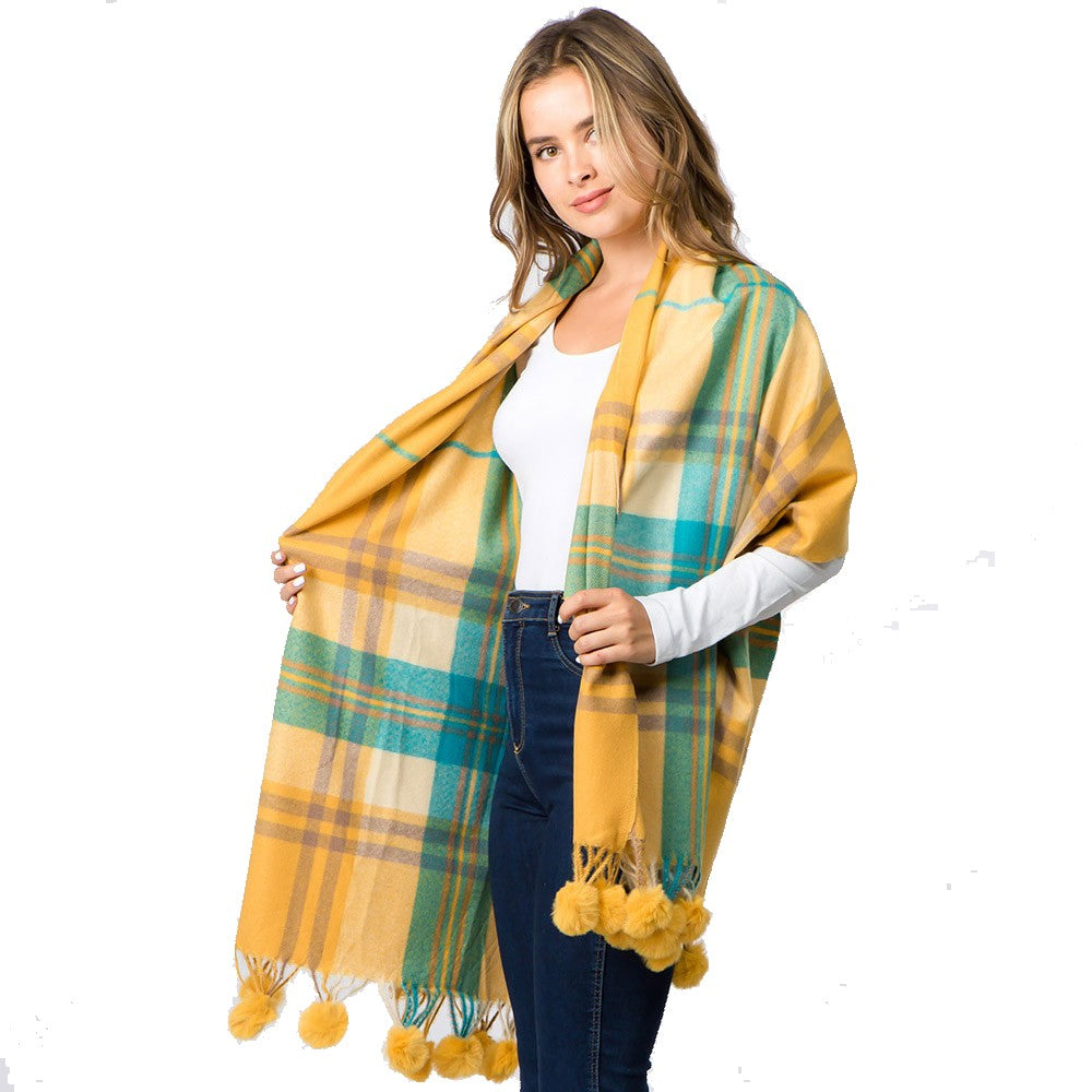 Pom Pom Tassel Tartan Plaid Scarf (Yellow)
