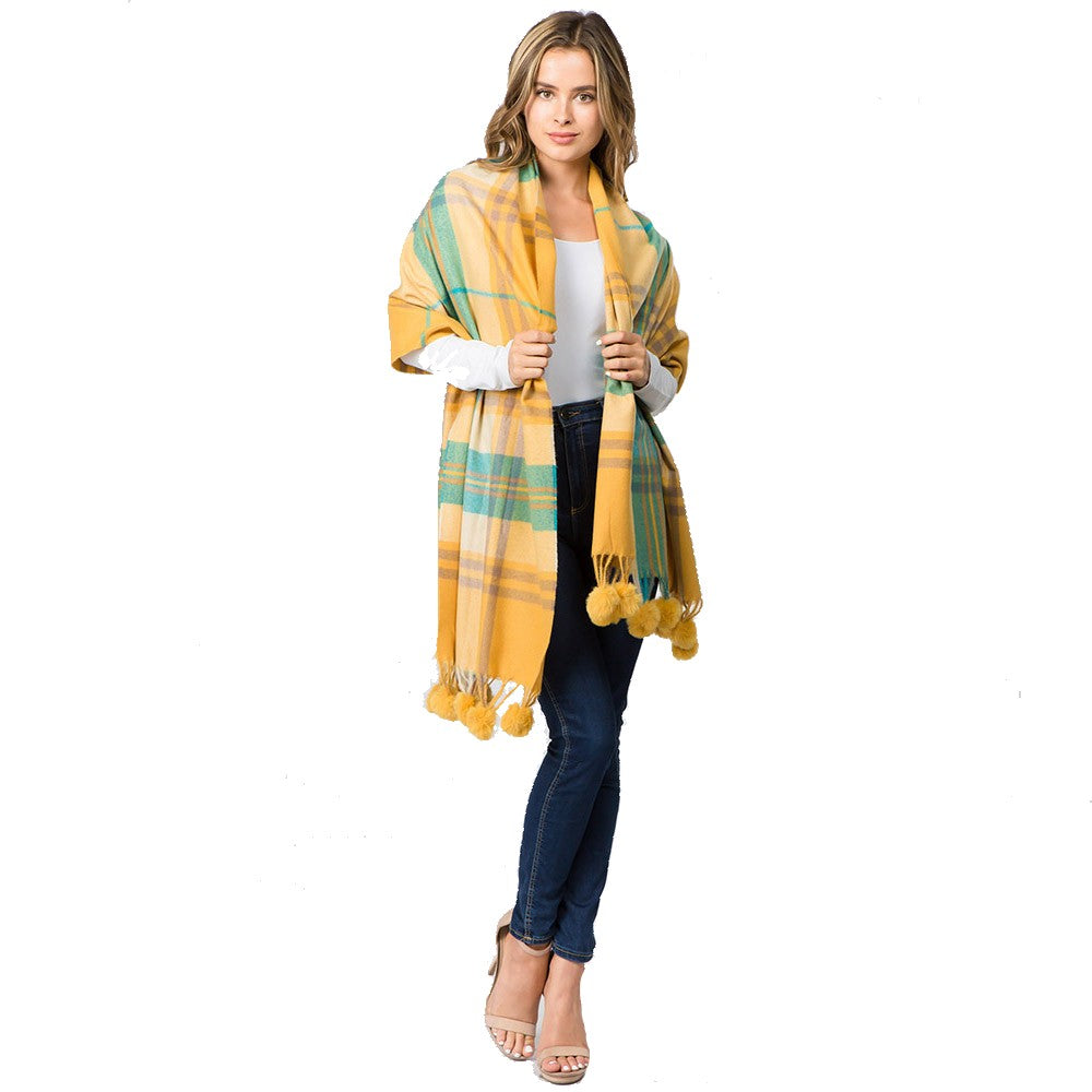 Pom Pom Tassel Tartan Plaid Scarf (Yellow)