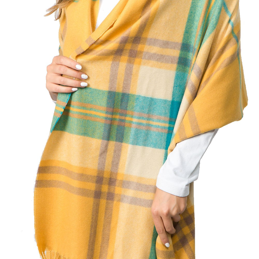 Pom Pom Tassel Tartan Plaid Scarf (Yellow)