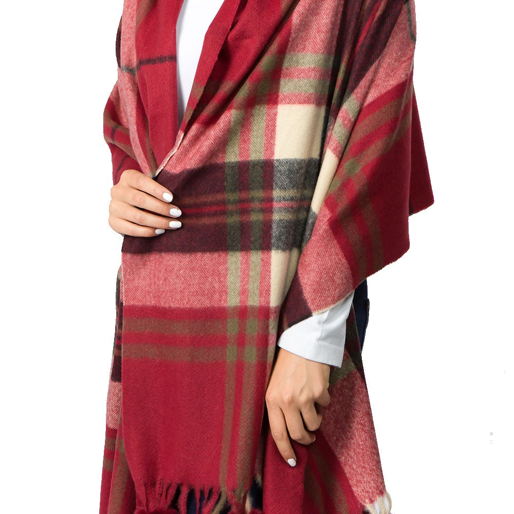 Pom Pom Tassel Tartan Plaid Scarf (Red)