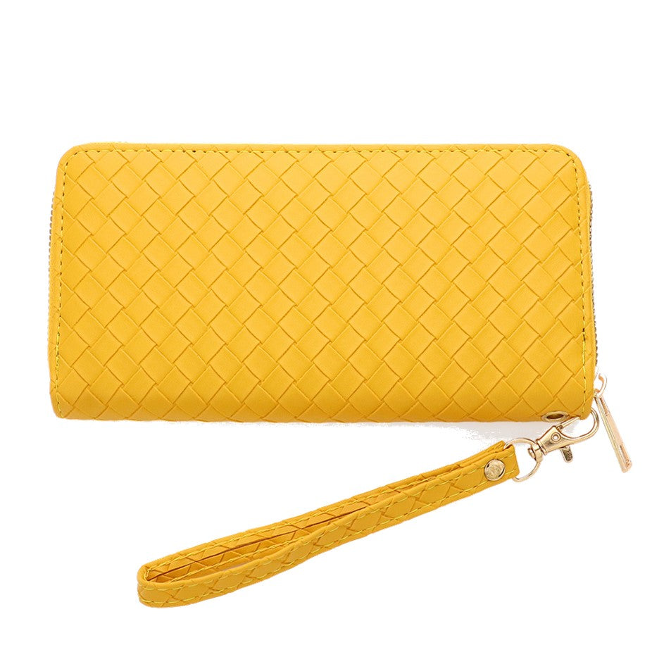 Faux Leather Basket Weave Wallet with Wristlet (Mustard Yellow)