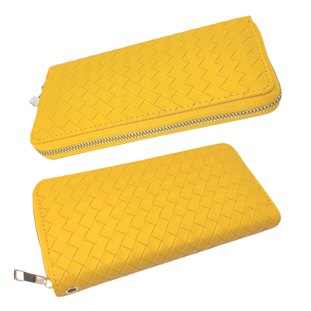 Faux Leather Basket Weave Wallet with Wristlet (Mustard Yellow)
