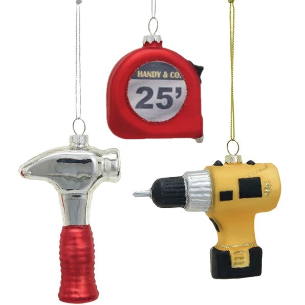 Glass Construction Tool Christmas Tree Ornament (Set: Hammer, Tape Measure, Drill)