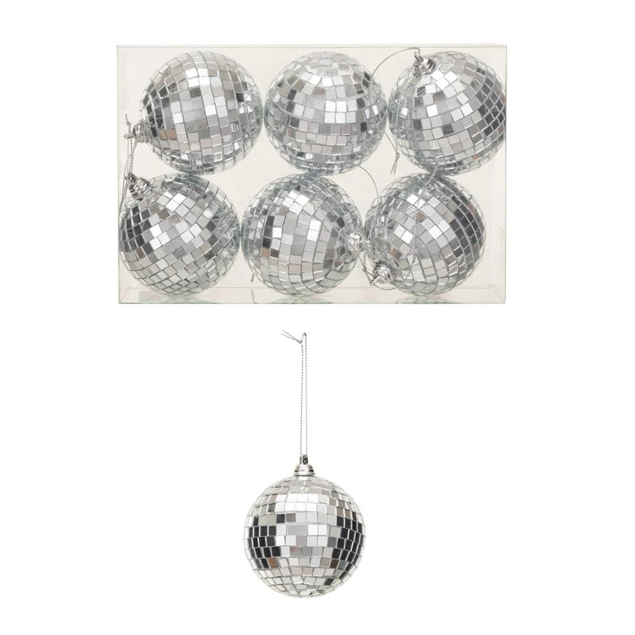 Retro Silver Glass Disco Ball Christmas Tree Ornament (Set of 6)