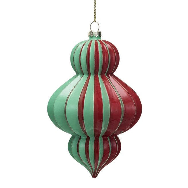 Glass Pleated Finial Christmas Tree Ornament (Red & Mint Green)