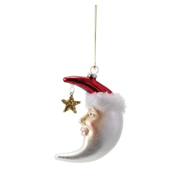 Glass Moon Christmas Tree Ornament with Santa Face & Star