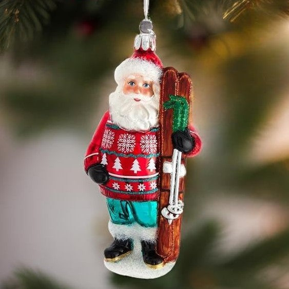 Glass Santa with Skis Christmas Tree Ornament