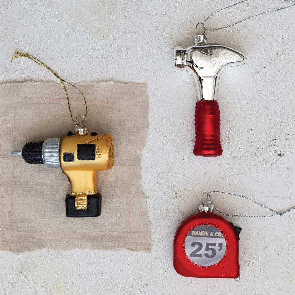Glass Construction Tool Christmas Tree Ornament (Set: Hammer, Tape Measure, Drill)