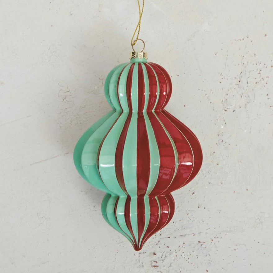 Glass Pleated Finial Christmas Tree Ornament (Red & Mint Green)