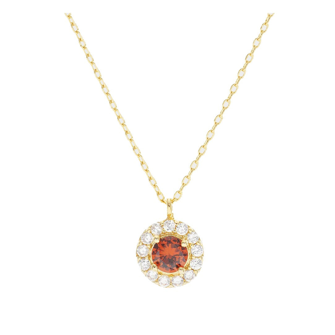 Gold Dipped CZ Cubic Zirconia Round Halo Pendant Necklace (Red)