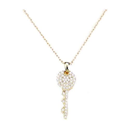 Gold Dipped Cubic Zirconia Pave Key Pendant Necklace