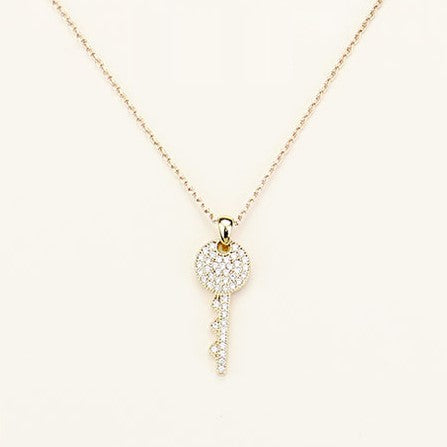 Gold Dipped Cubic Zirconia Pave Key Pendant Necklace
