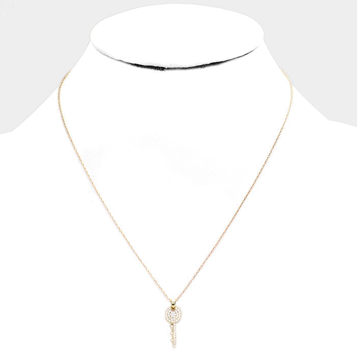 Gold Dipped Cubic Zirconia Pave Key Pendant Necklace