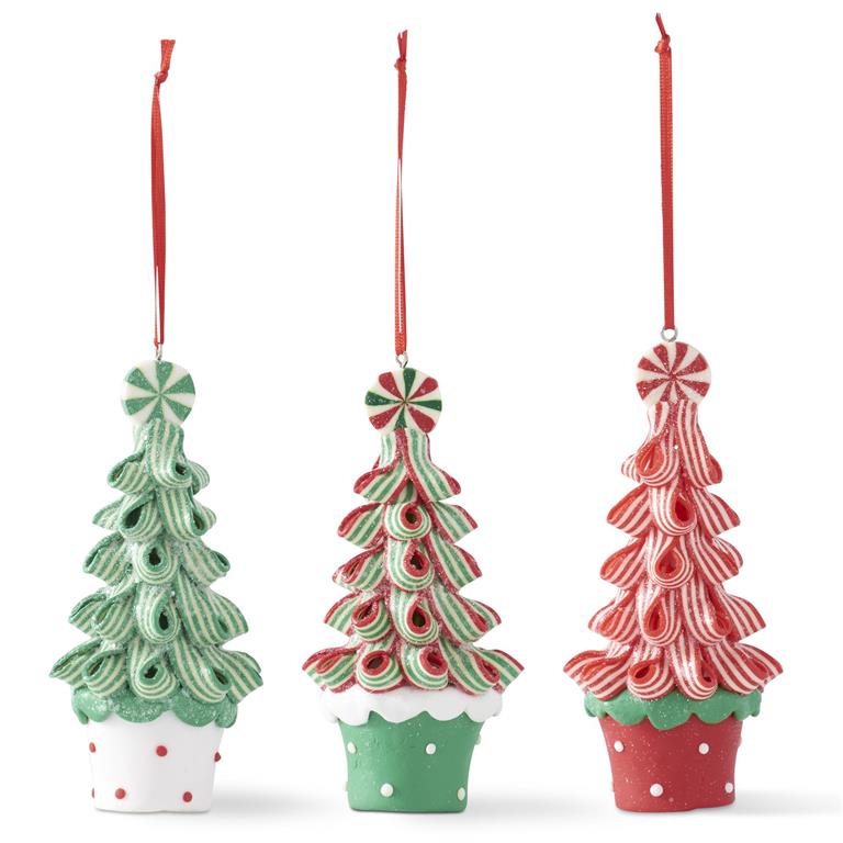 Green & Red Ribbon Candy Christmas Tree Ornament (Set of 3)