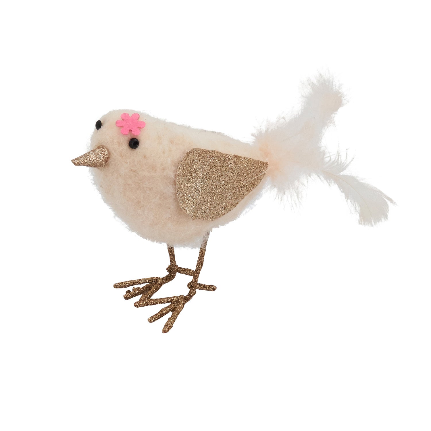 Handmade Felted Ivory & Gold Glittered Bird Ornament with Pink Flower