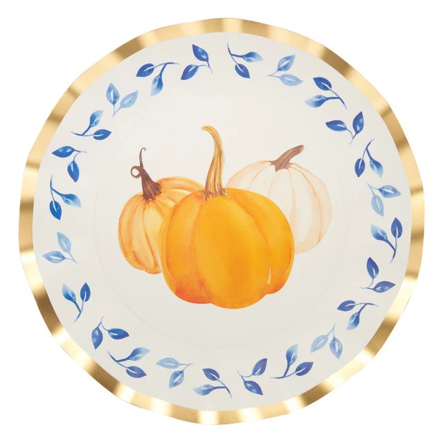 Harvest Blues Pumpkin Paper Dinner Plates