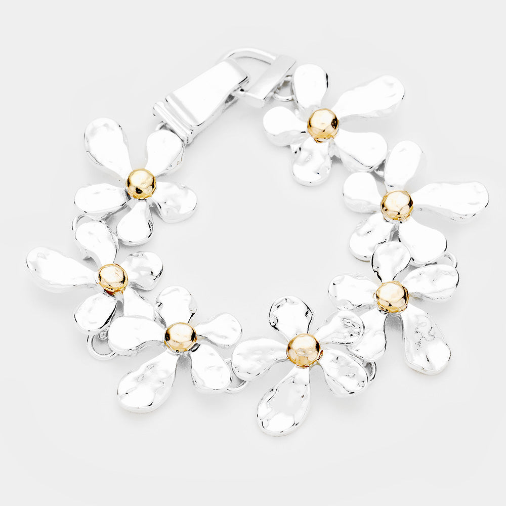 Hammered Metal Flower Magnetic Link Bracelet