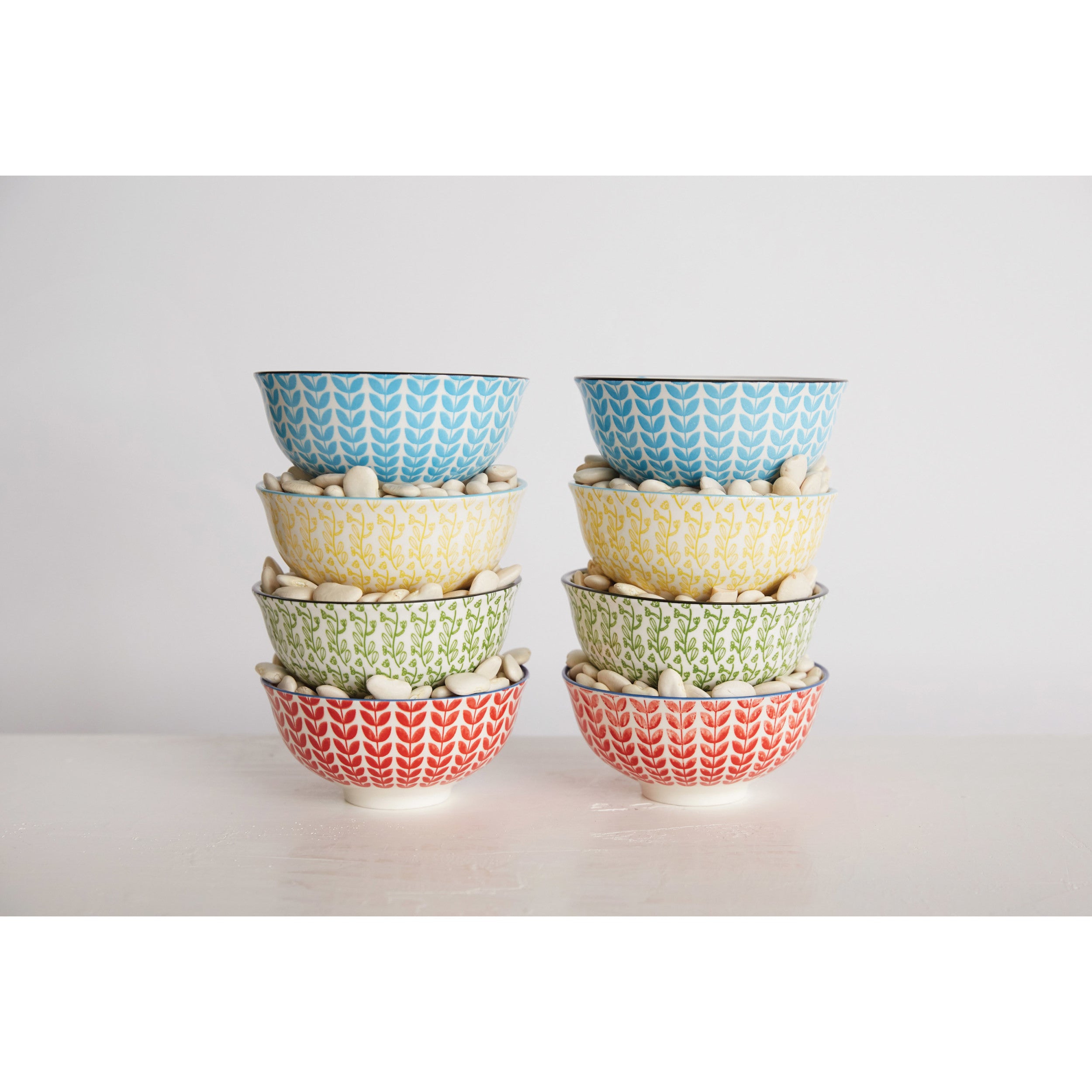 Hand-Stamped Patterned Stoneware Bowls (Yellow)