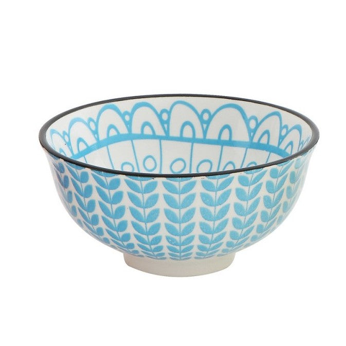 Hand-Stamped Patterned Stoneware Bowls (Blue)