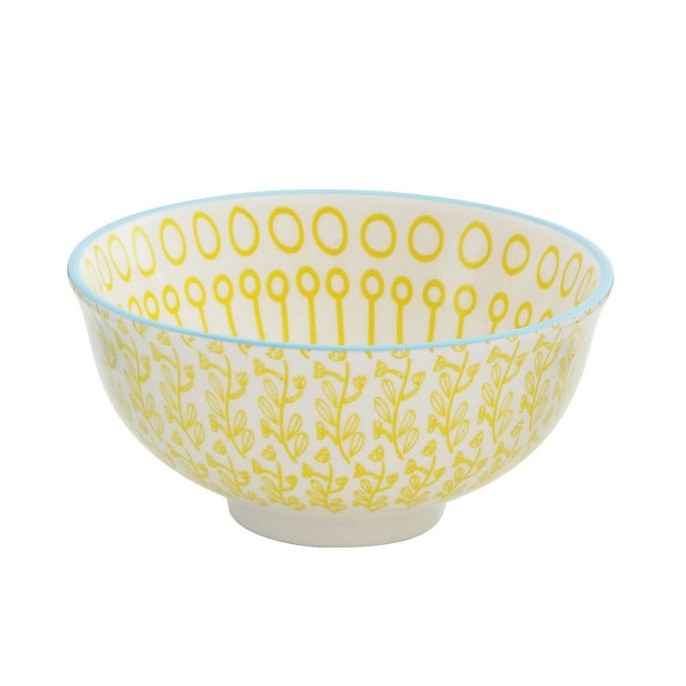 Hand-Stamped Patterned Stoneware Bowls (Yellow)