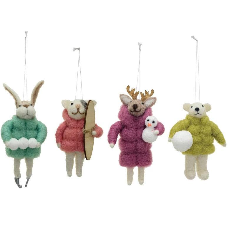 Wool Felt Animal in Winter Coat Christmas Tree Ornament (Set of 4)