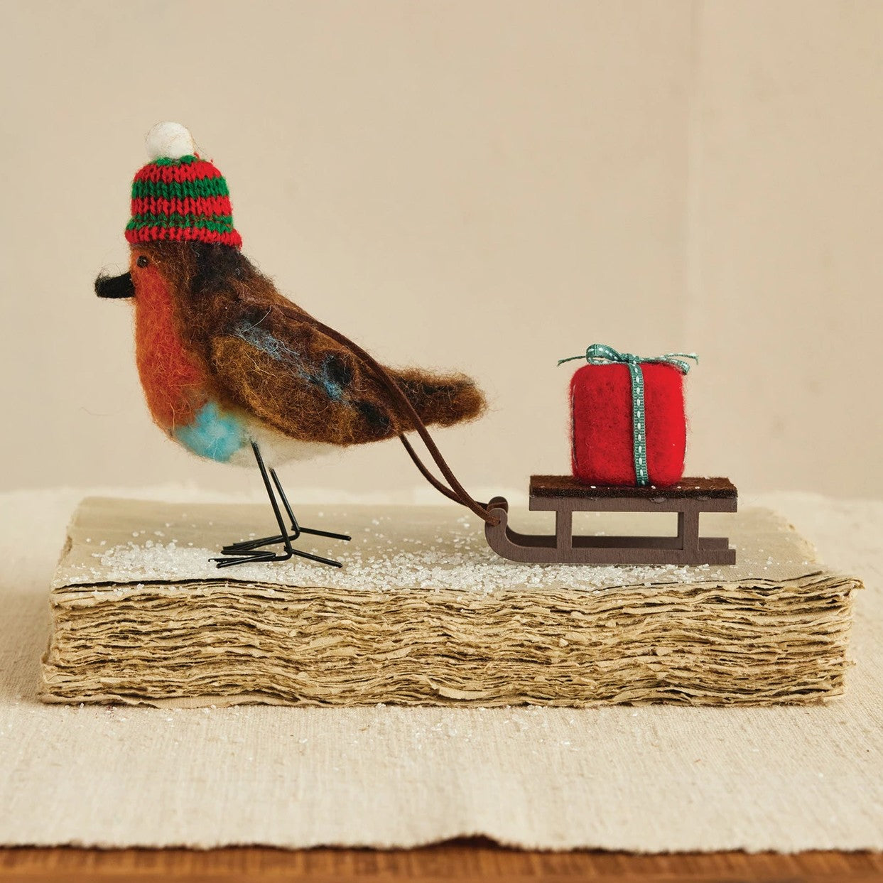 Felted Robin Bird Pulling Sleigh with Gift