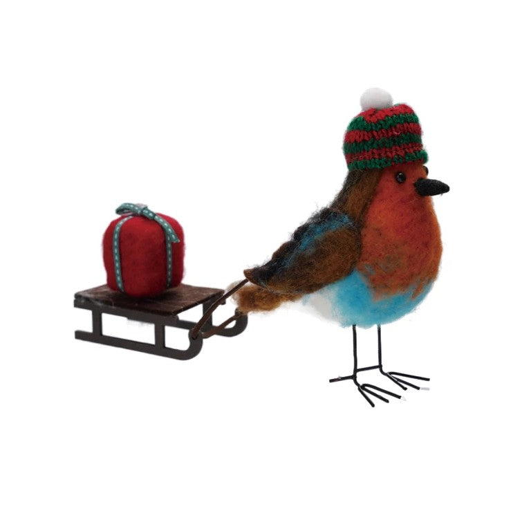 Felted Robin Bird Pulling Sleigh with Gift