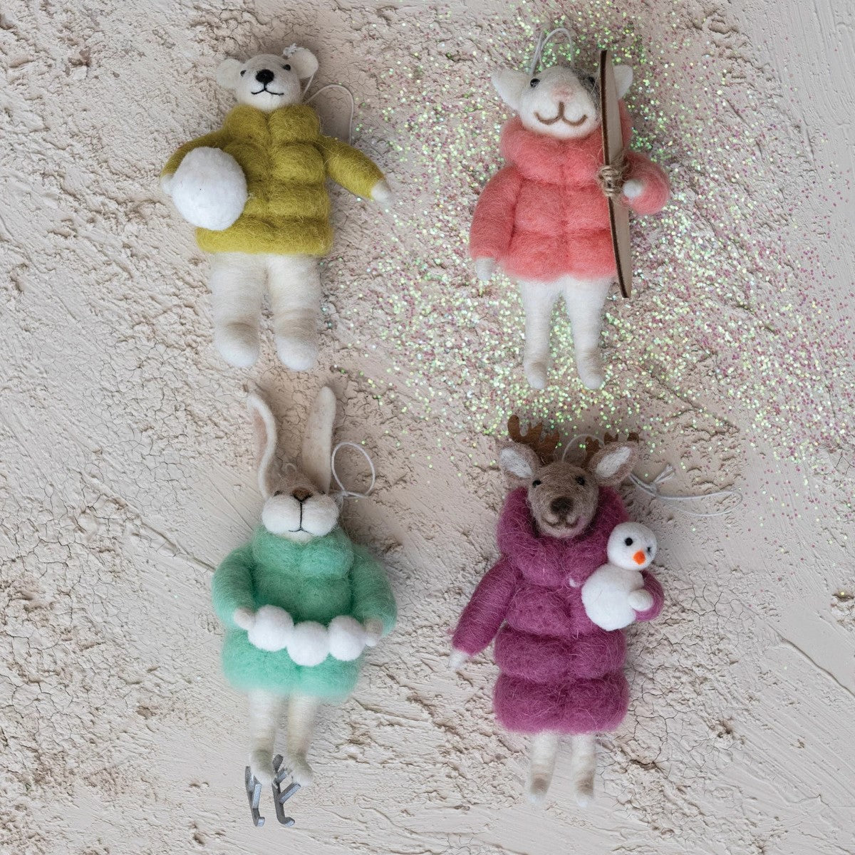 Wool Felt Animal in Winter Coat Christmas Tree Ornament (Set of 4)