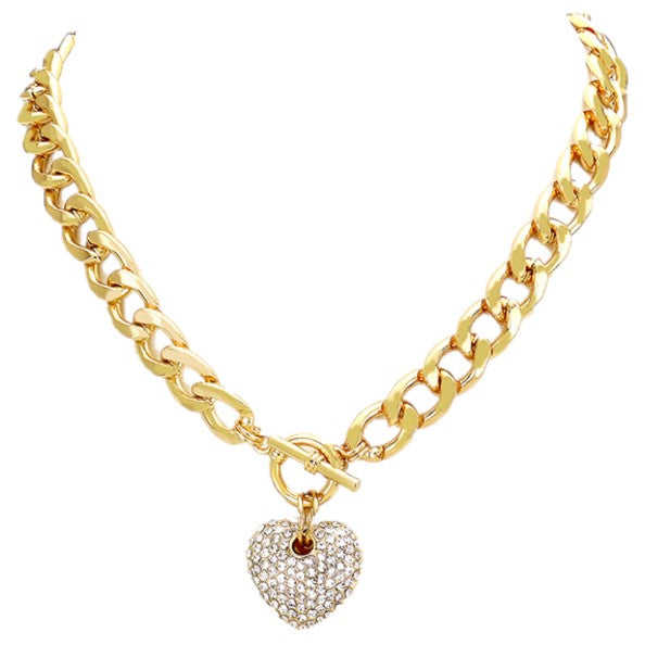 Rhinestone Pave Heart Pendant Toggle Gold Tone Necklace