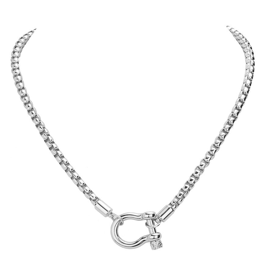 Metal Horseshoe Carabiner Lock Chunky Necklace (Silver)