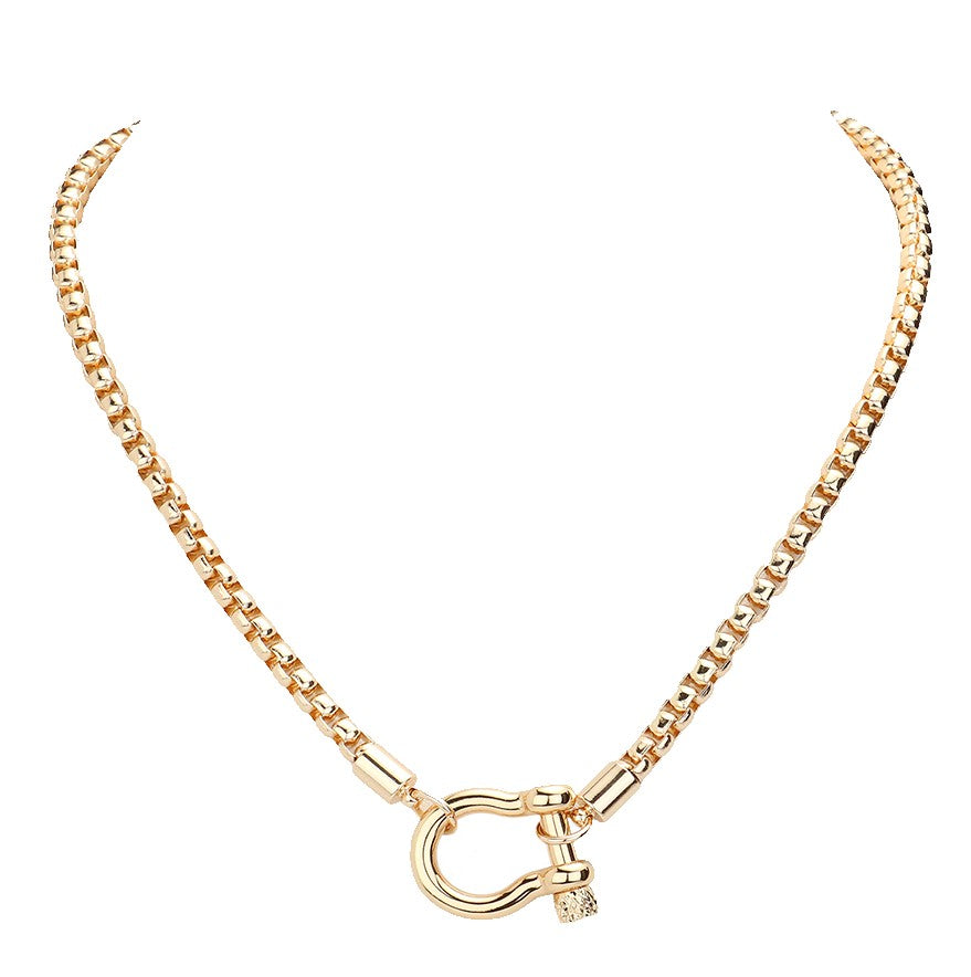 Metal Horseshoe Carabiner Lock Chunky Necklace (Gold)