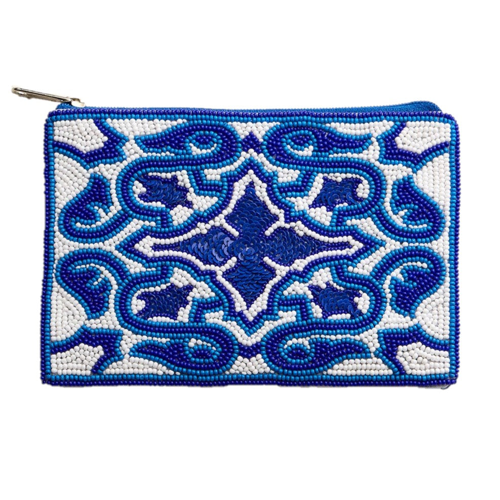 Geometric Seed Beaded Pouch Bag Coin Purse (Blue & White)