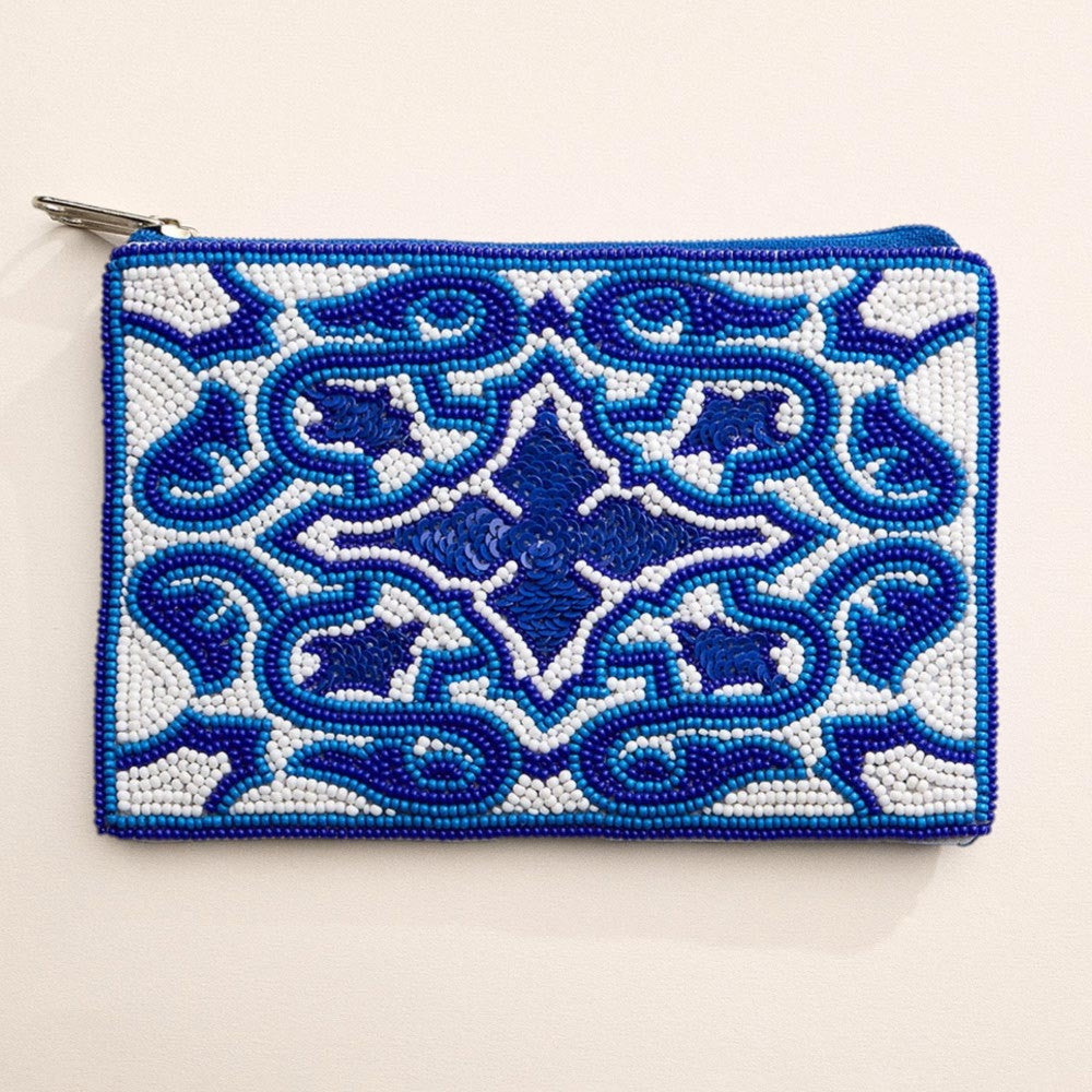 Geometric Seed Beaded Pouch Bag Coin Purse (Blue & White)