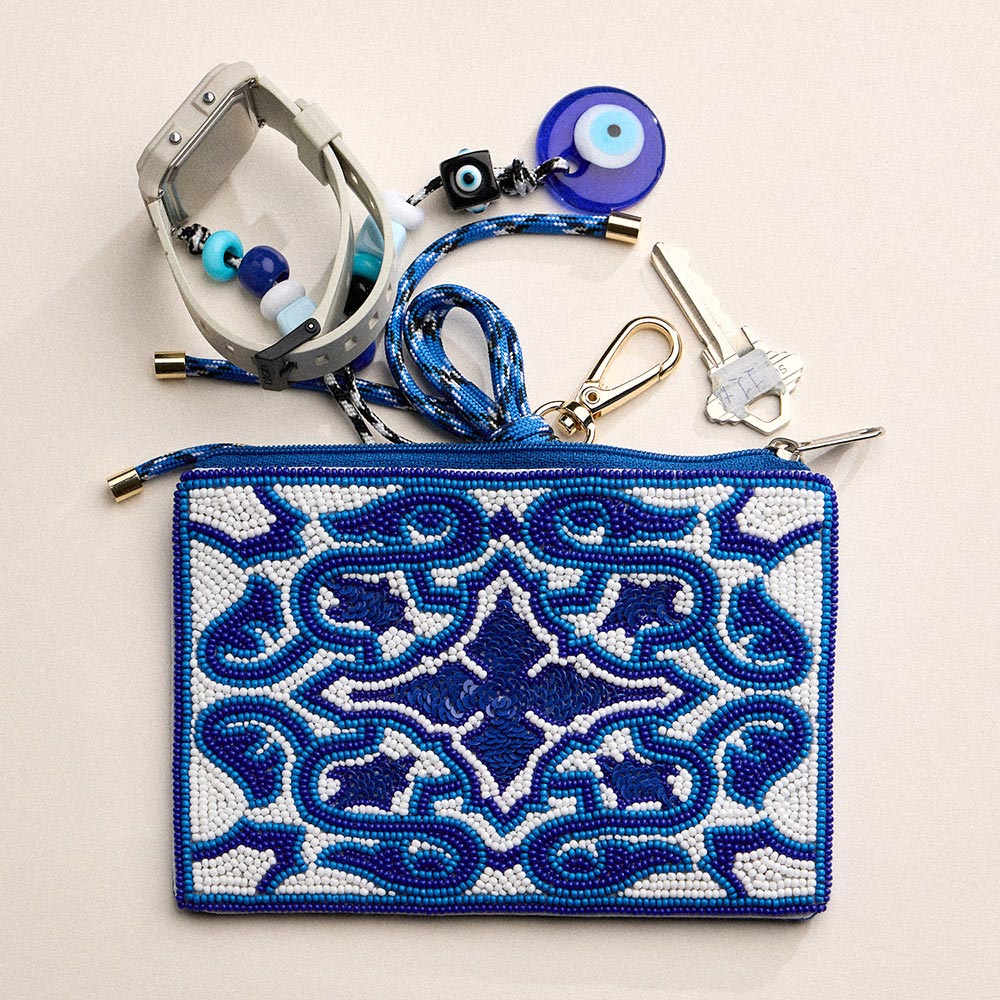 Geometric Seed Beaded Pouch Bag Coin Purse (Blue & White)