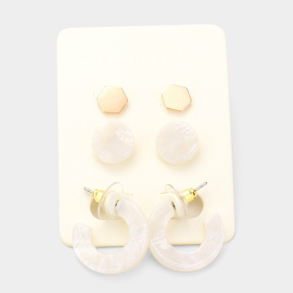 Metal Hexagon Celluloid Acetate Hoop Stud Earring Set