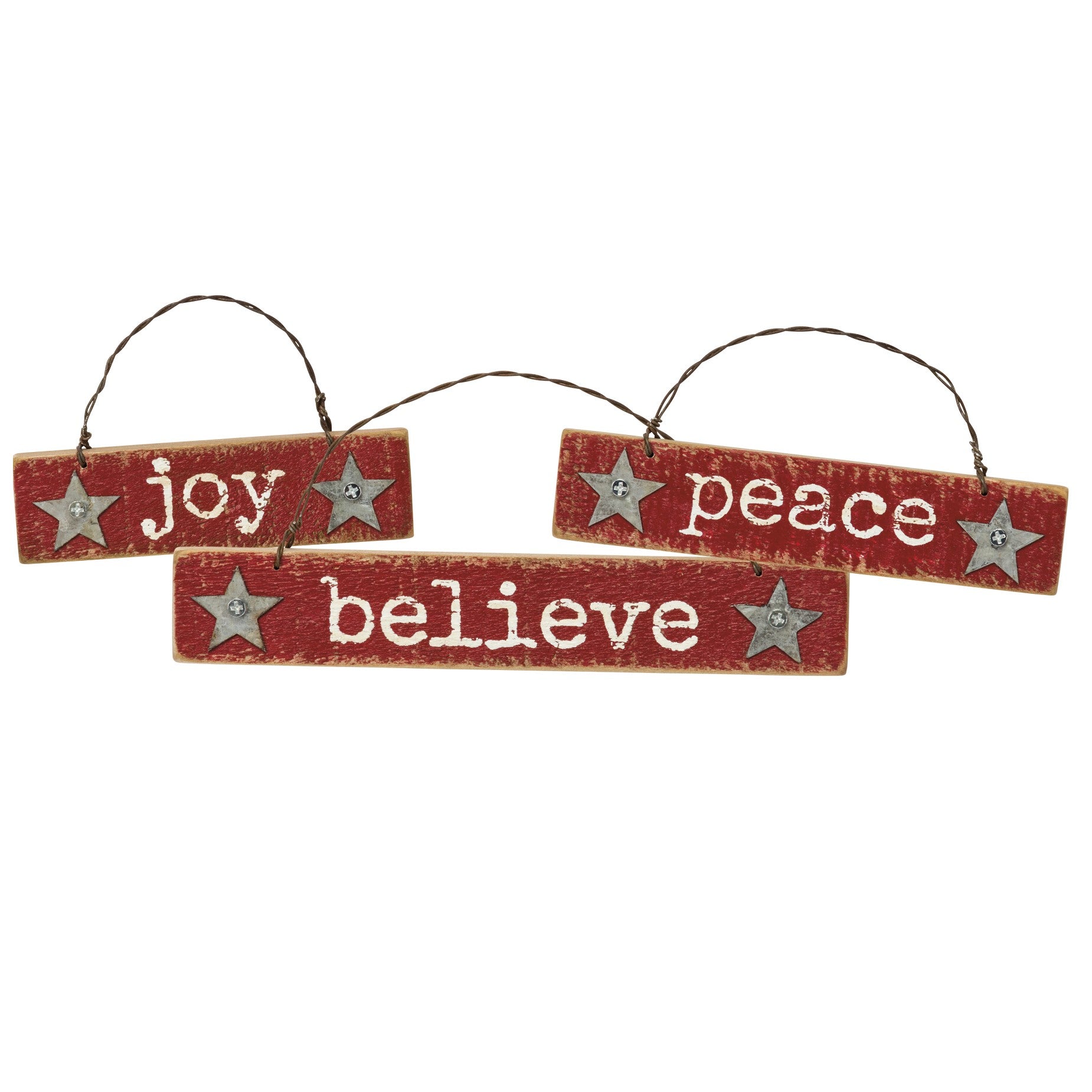 Joy, Peace, and Believe Wood Christmas Tree Ornament Set