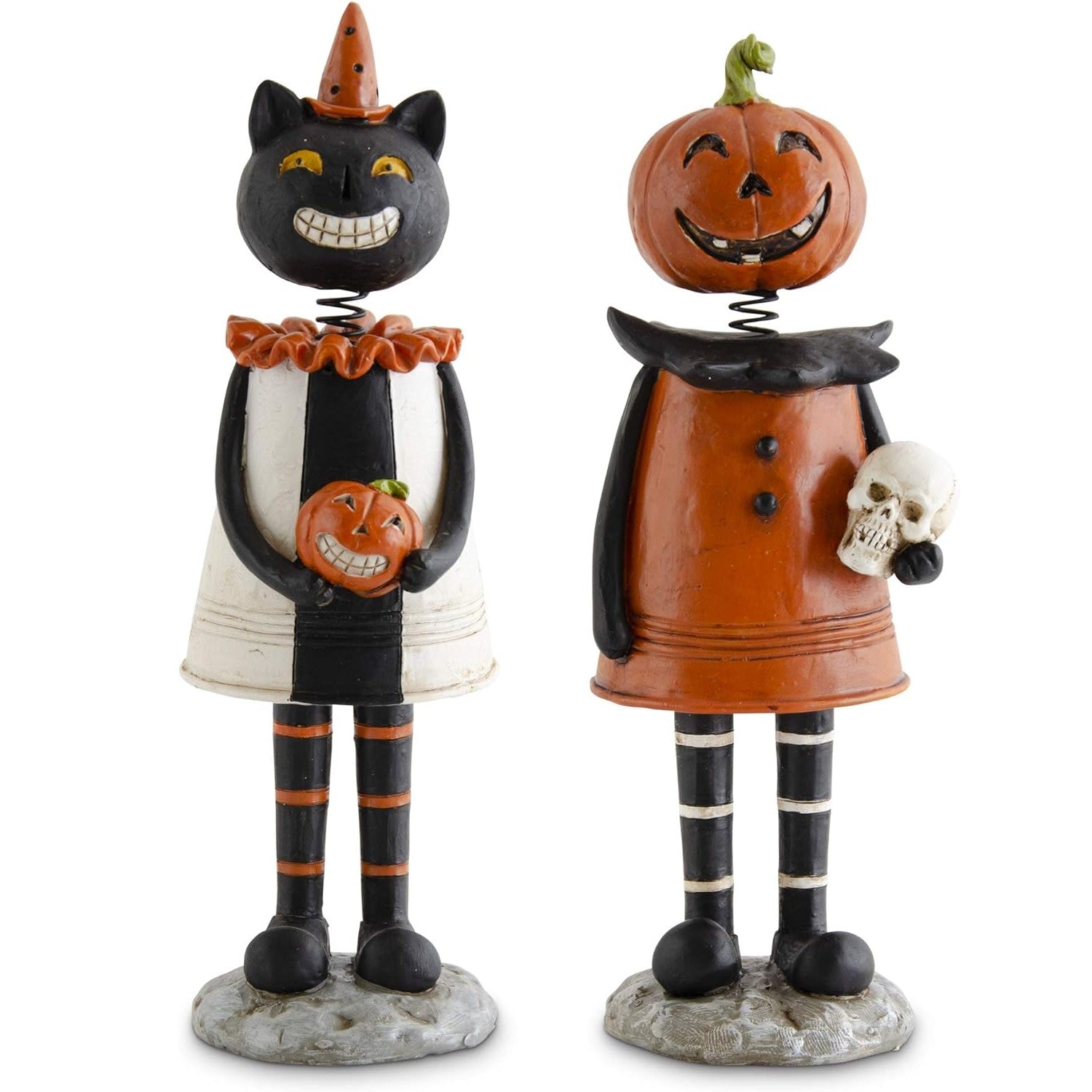 Vintage Look Black Cat & Pumpkin Girl Bobble Head Set