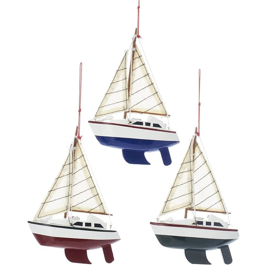 Nautical Wooden Yacht Sailboat Christmas Tree Ornament (Blue)