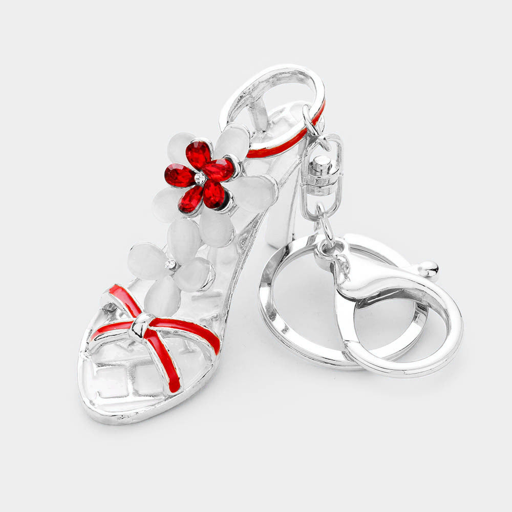 Flower Crystal Rhinestone High Heel Shoe Key Chain (Silver)