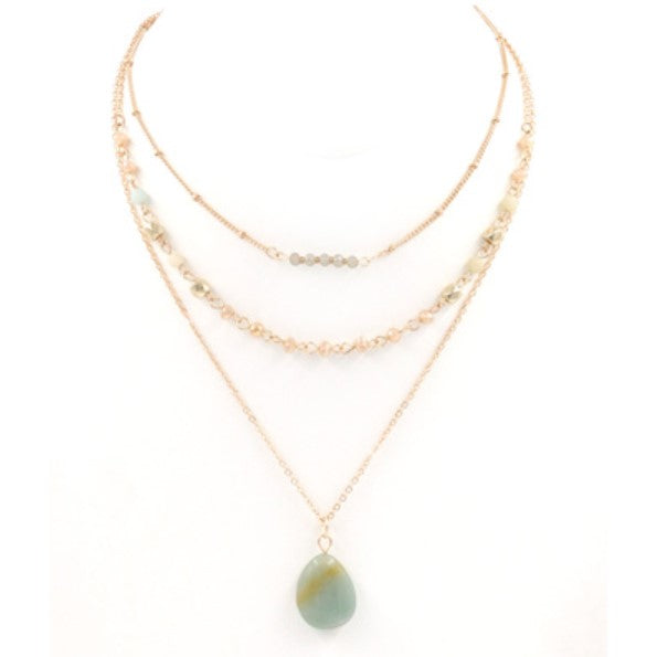 Layered Glass Bead Stone Charm Necklace