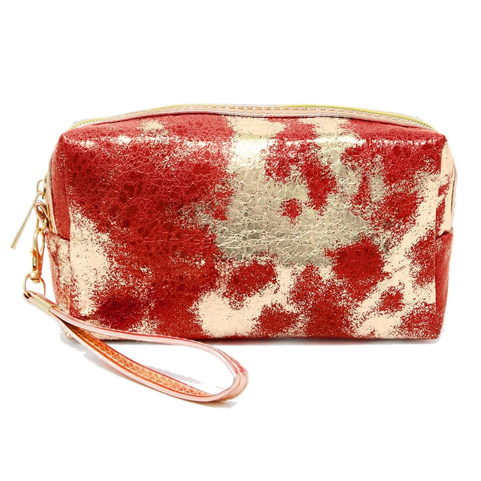 Ombre Foiled Wristlet Cosmetic Pouch Bag (Red, Gold)